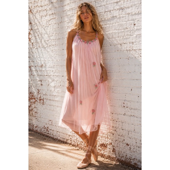 Vintage Dresses & Skirts - Vintage Pink Chiffon Floral Embroidered Babydoll Lingerie Slip Dress Ballet M/L